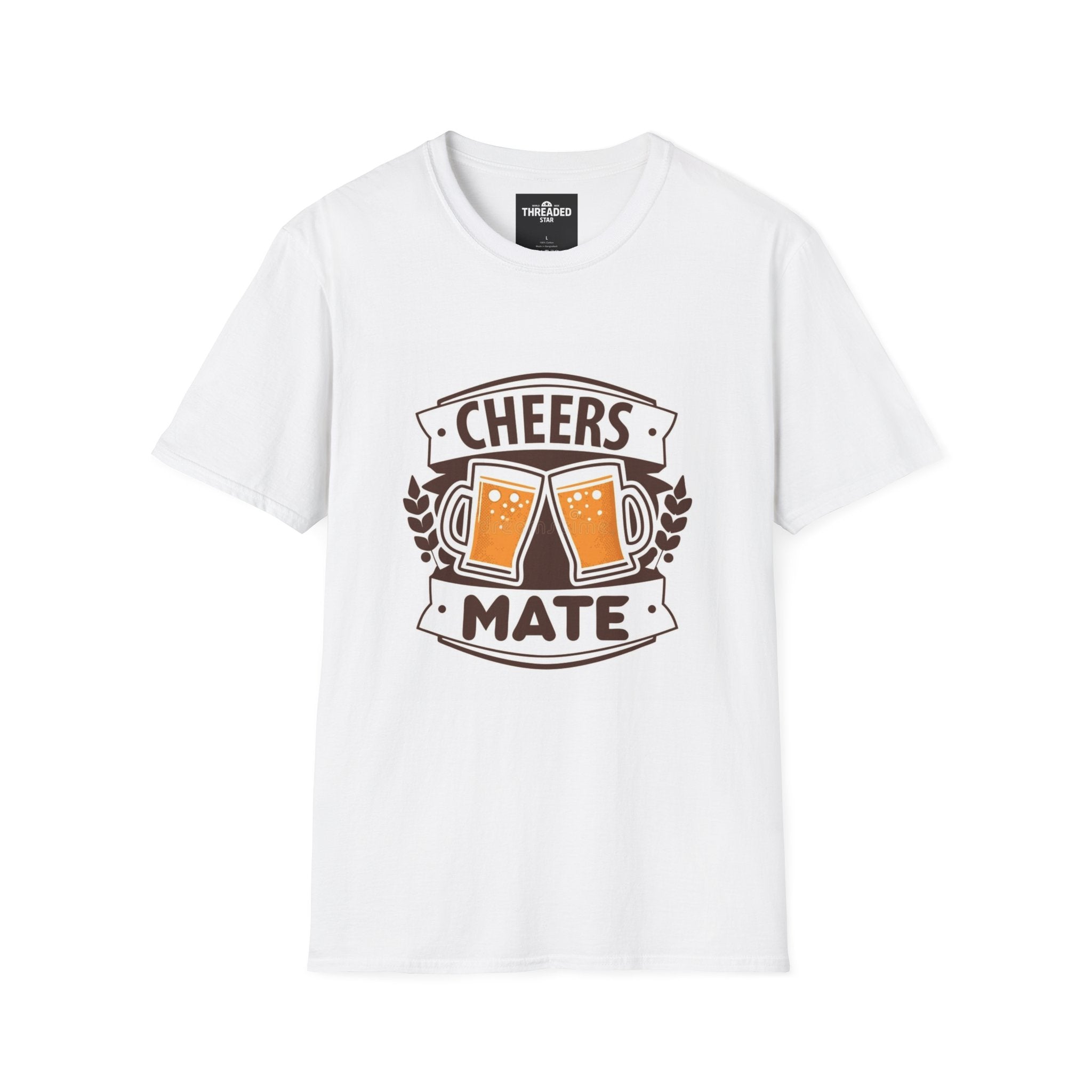 Cheers Mate Beer Unisex T-Shirt — Clinking Mugs Pub Tee for Beer Lovers