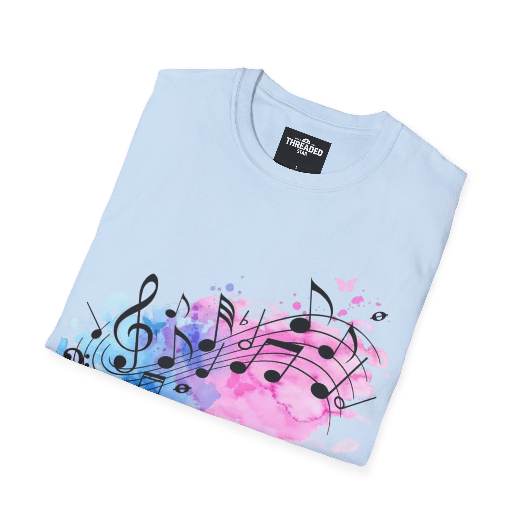 Music Notes Watercolor T-Shirt – Pink & Blue Melody Graphic Tee