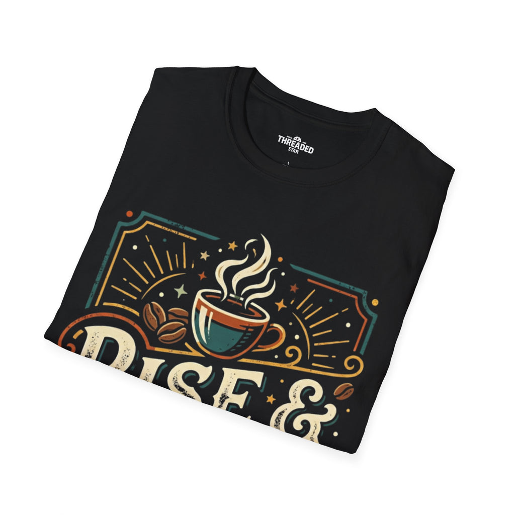 Rise & Grind Coffee T-Shirt — Retro Coffee Cup Graphic Tee