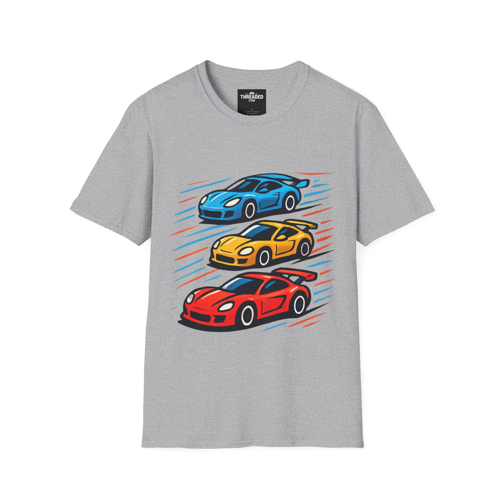 Racing Cars Graphic T-Shirt — Red Yellow Blue Sports Car Design