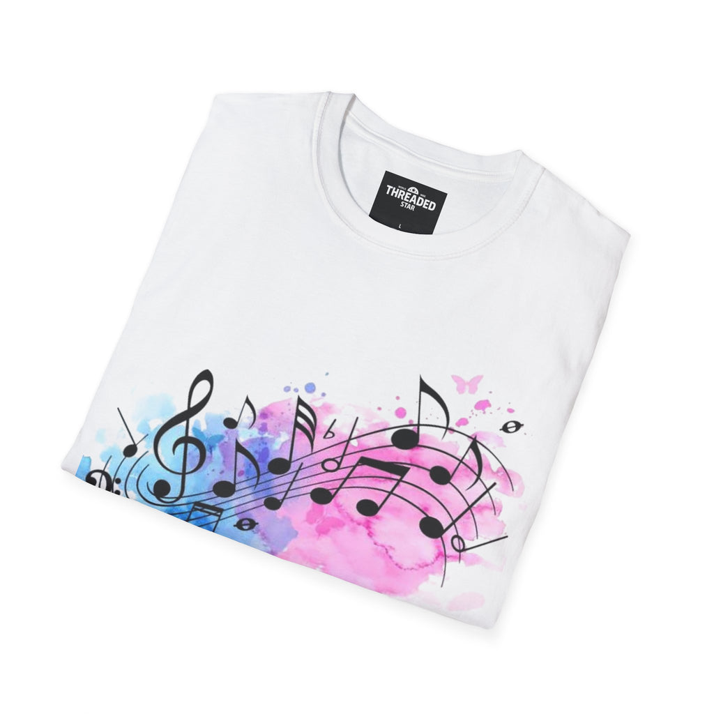 Music Notes Watercolor T-Shirt – Pink & Blue Melody Graphic Tee